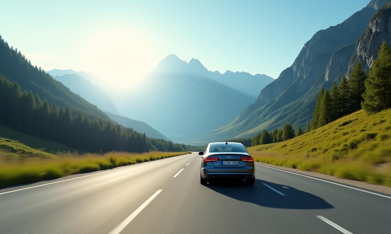 Auto fährt auf einer malerischer Autobahn in den österreichischen Alpen